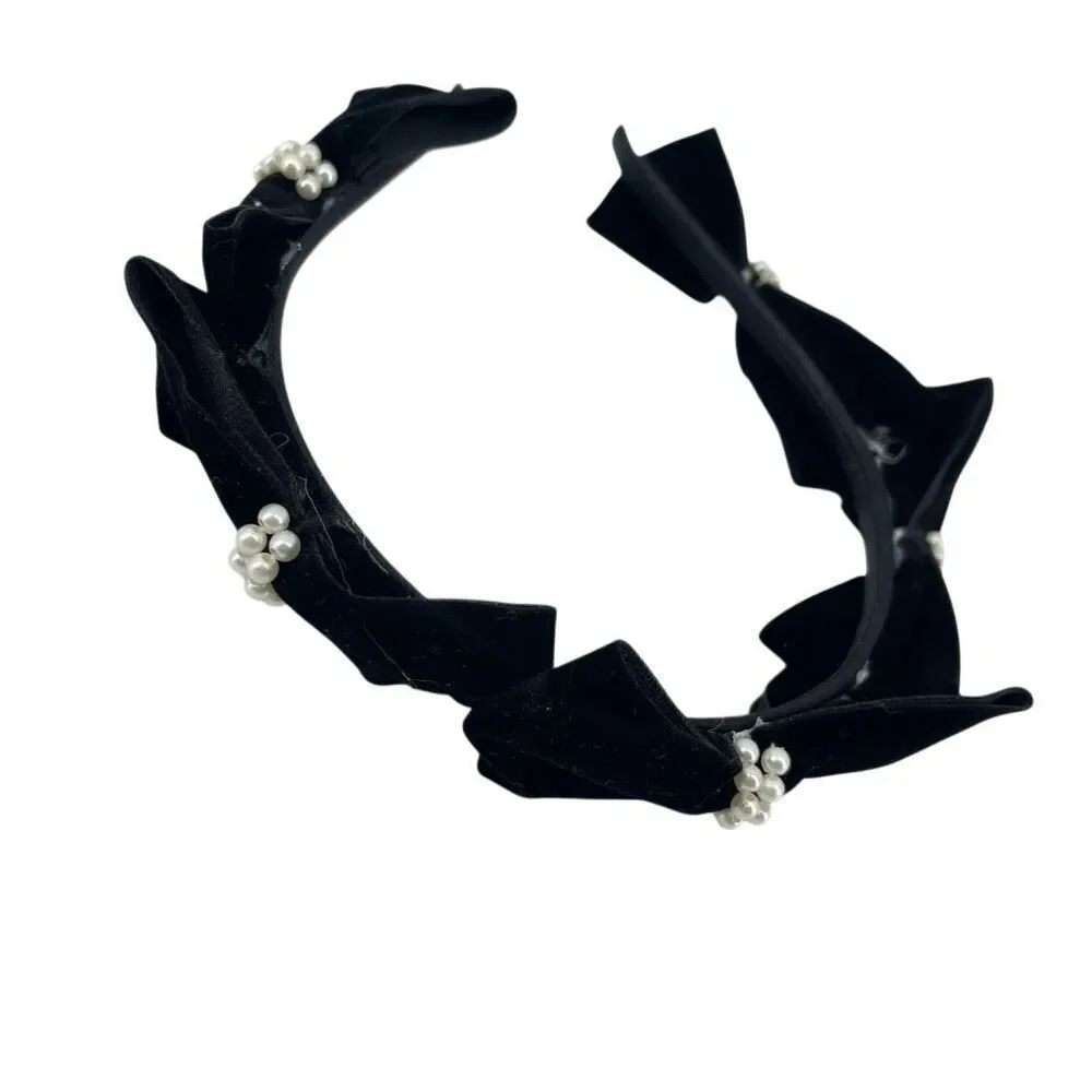 Black Velvet Bow Headband Pearl Embellished Feminine Coquette Hair Accessory